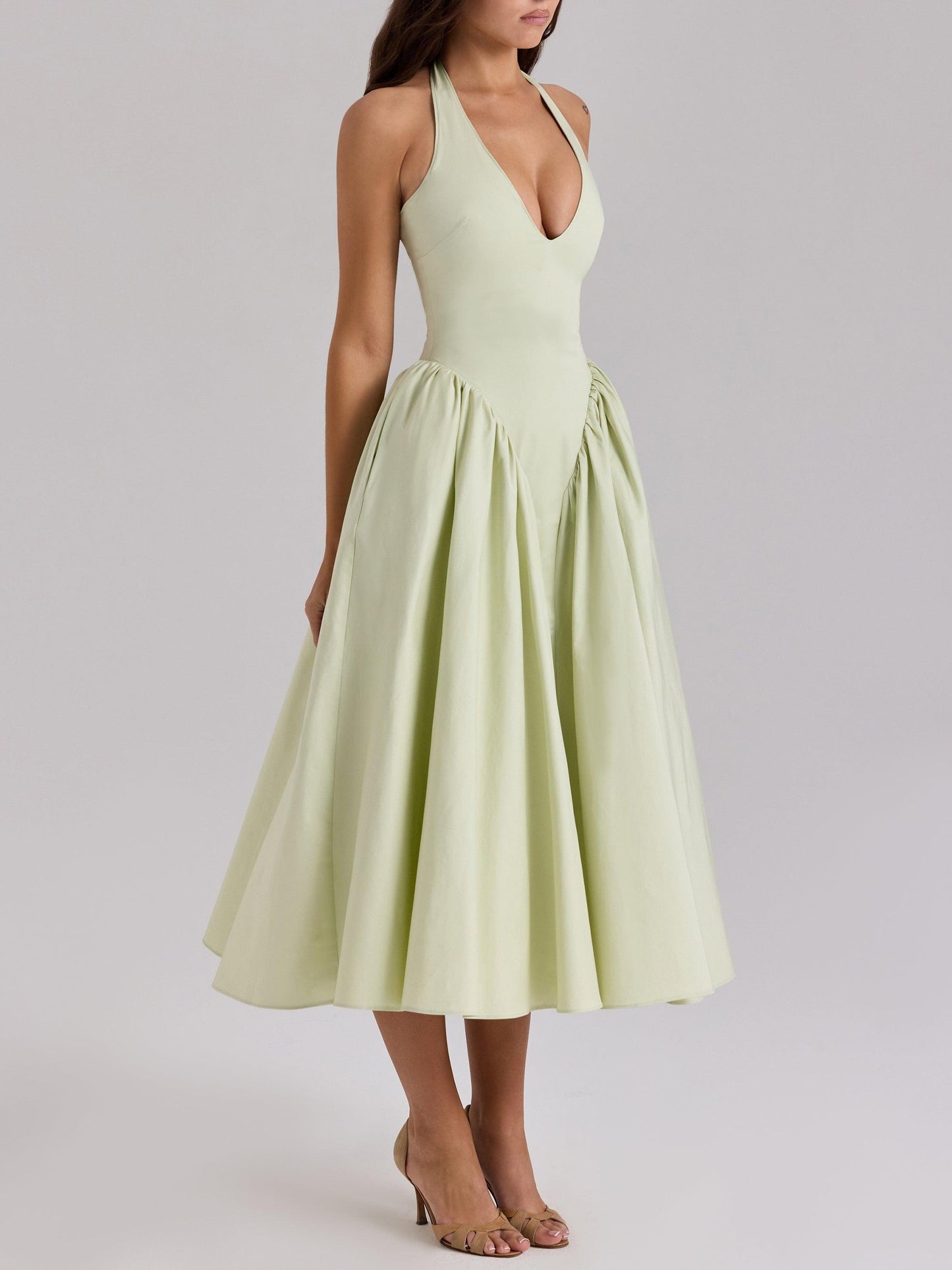 Deep V halter neck A-line midi dress