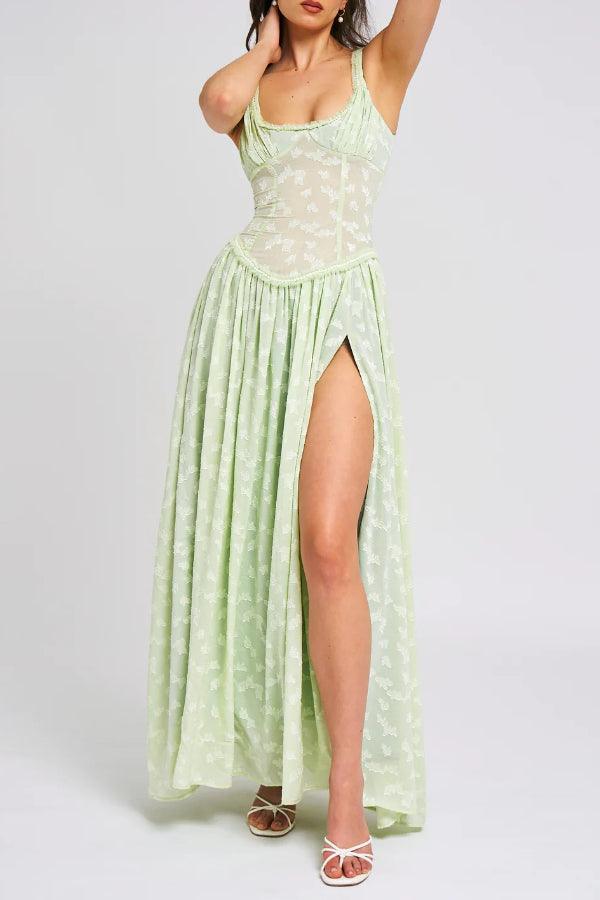 Light Green Square Neck Jacquard Textured High Slit Maxi Dress