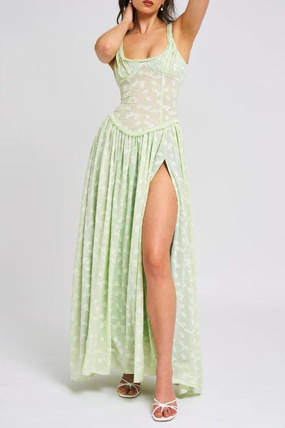Light Green Square Neck Jacquard Textured High Slit Maxi Dress