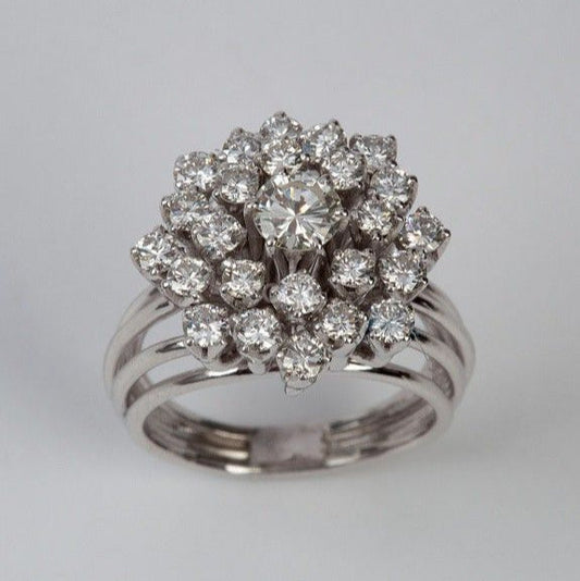 Vintage Flower Zirconia Layered Silver Ring