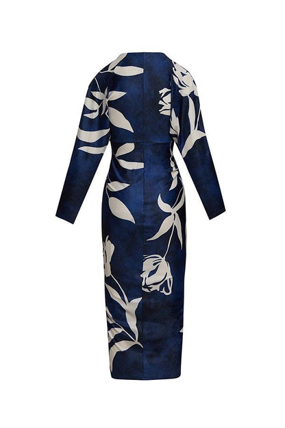 Unique Print Dolman Long Sleeve Ruched Slit Midi Dress