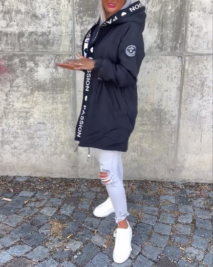 Casual coat with hood and drawstring in letter pattern