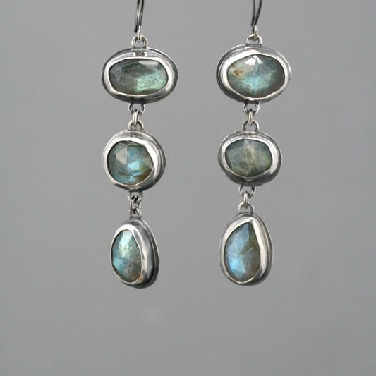Dangling Grey Stone Silver Earrings