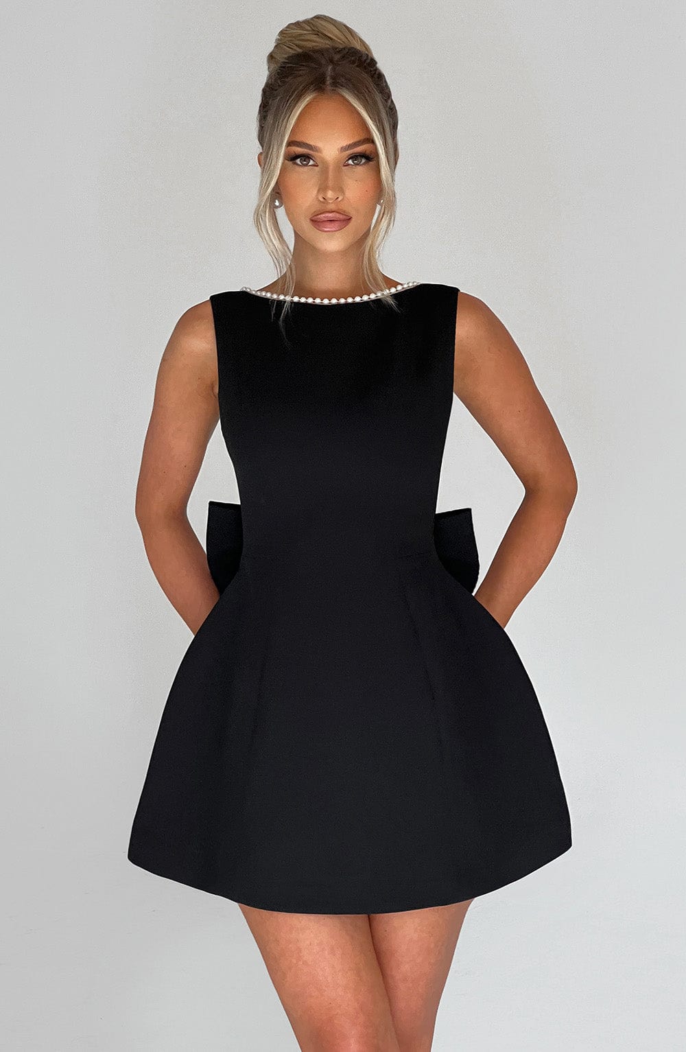 Hollis - Elegant Pearl Bow Mini Dress