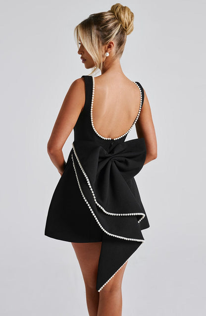 Hollis - Elegant Pearl Bow Mini Dress