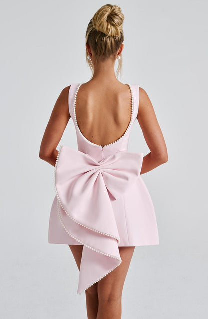 Hollis - Elegant Pearl Bow Mini Dress