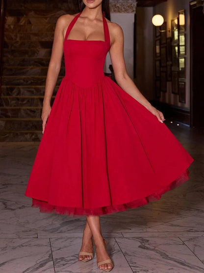 Elegant Mesh Halterneck Double-layer Dress