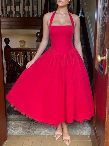 Elegant Mesh Halterneck Double-layer Dress