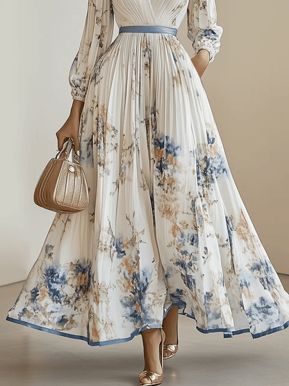 Spring New White Pleated Chiffon V Neck Floral Long Sleeve Balloon Sleeve A-Line Maxi Dress