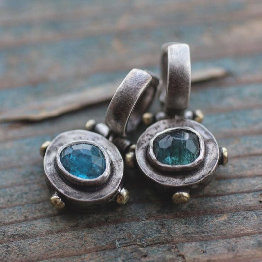 Vintage Blue Rounded Stone Silvered Earrings