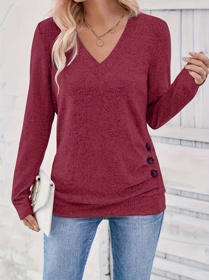 Elise | Elegant V-neck T-shirt with Long Sleeves and Button Detail
