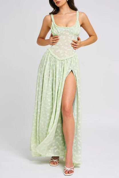 Light Green Square Neck Jacquard Textured High Slit Maxi Dress