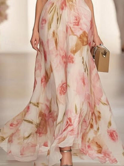 Floral Print V-neck Short-sleeved Waist Casual Maxi Dress