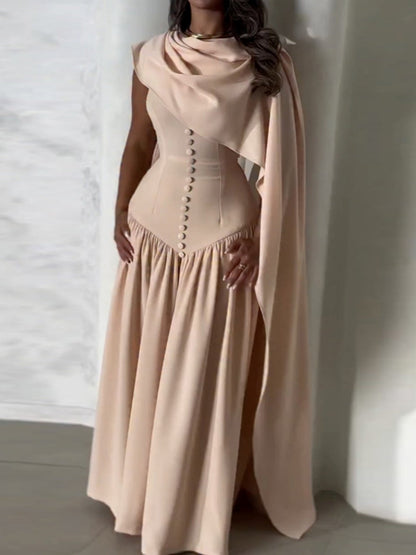 Elegant Cape Button Maxi Dress
