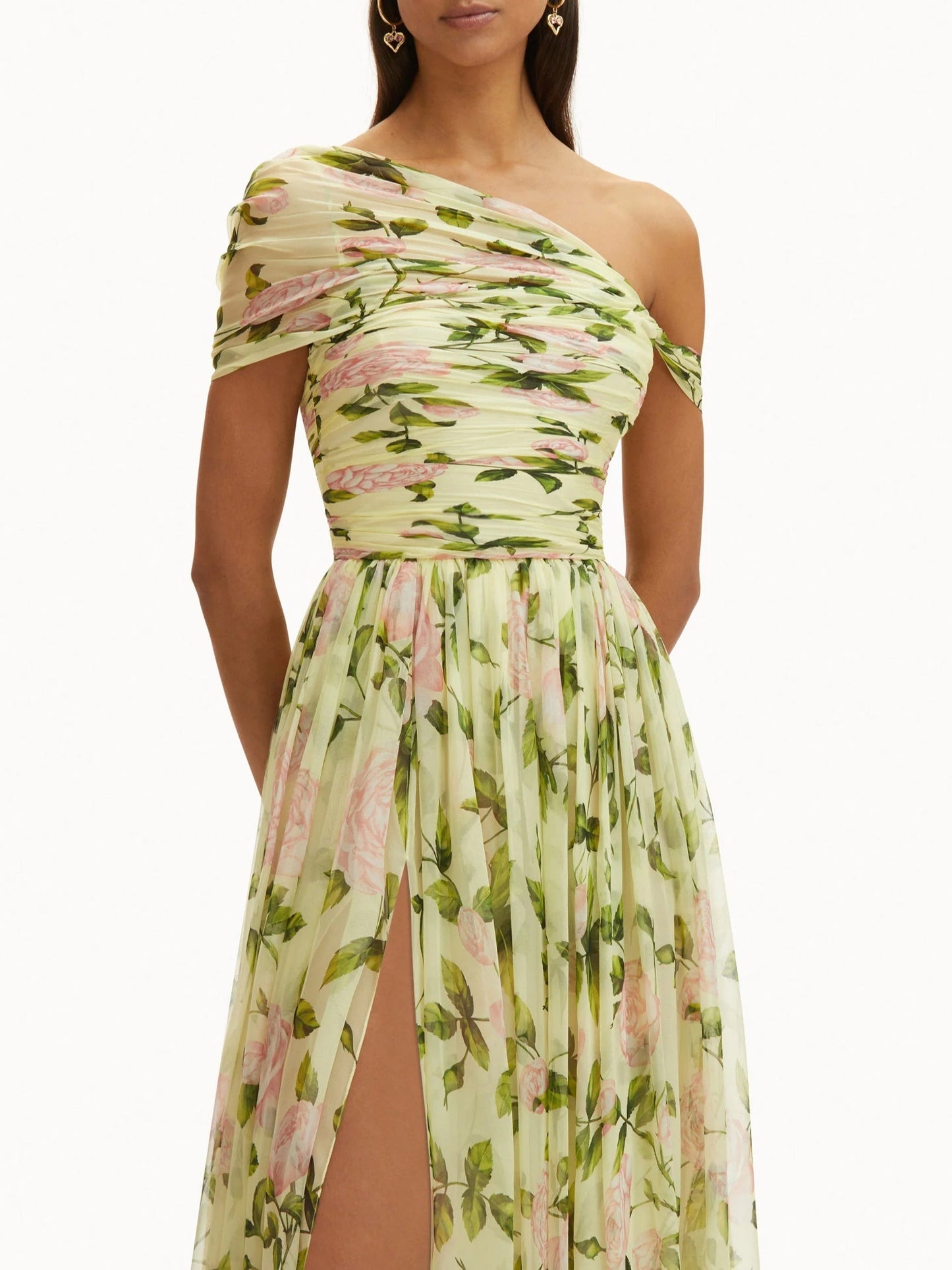 Floral Skew Collar Chiffon Maxi Dress