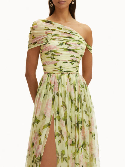 Floral Skew Collar Chiffon Maxi Dress