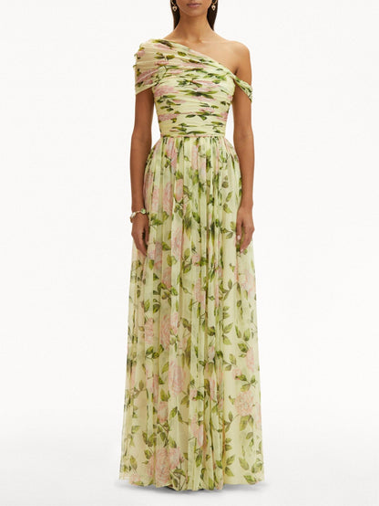 Floral Skew Collar Chiffon Maxi Dress