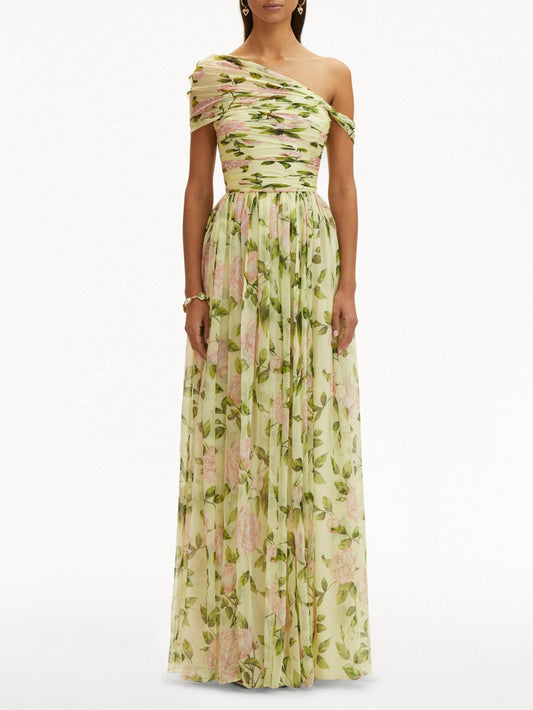 Floral Skew Collar Chiffon Maxi Dress