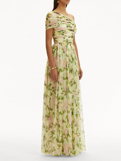 Floral Skew Collar Chiffon Maxi Dress