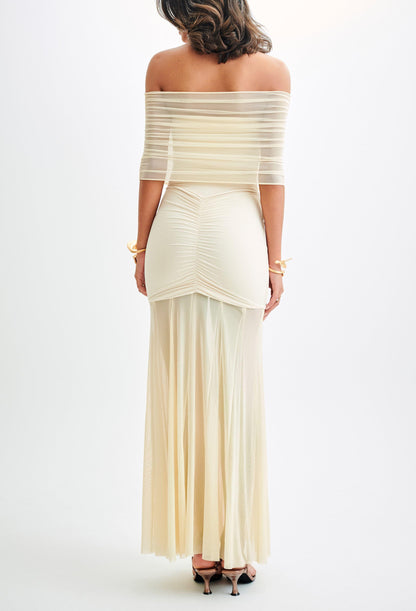 Caspian Slinky And Mesh Off Shoulder Maxi Dress