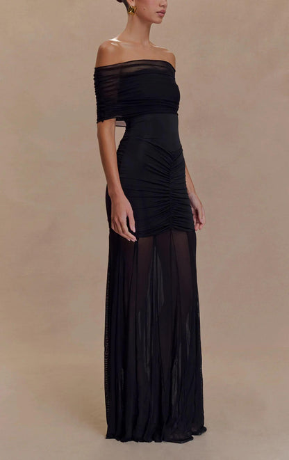 Caspian Slinky And Mesh Off Shoulder Maxi Dress