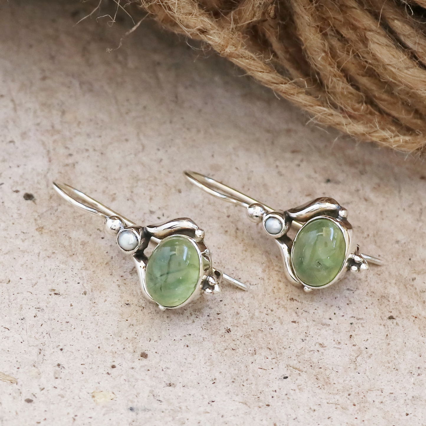 VIntage Green Stone Pearl Silver Earrings