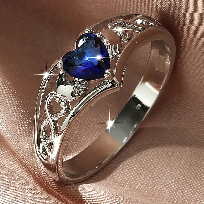 Blue Crystal Heart Silver Ring