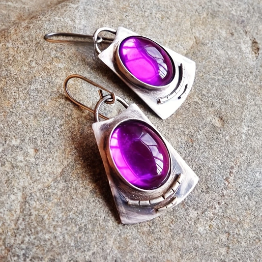 Vintage Purple Inlaid Glass Silver Earrings