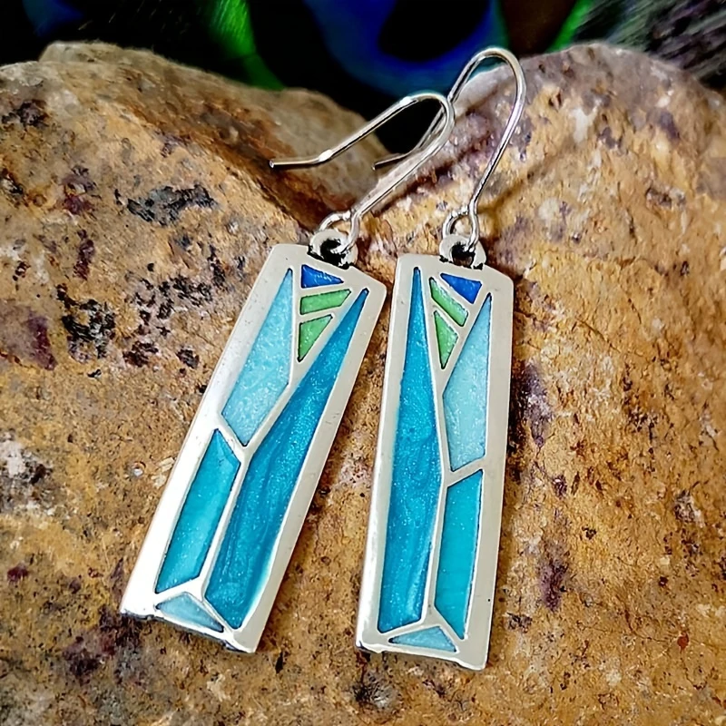 Vintage Blue Enamel Rectangular Earrings