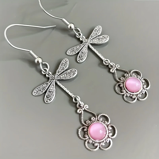 Dangling Dragonfly Pink Stone Earrings