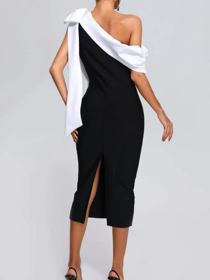 Contrast color stitching bow one shoulder dress