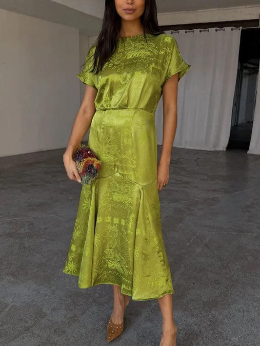 Lime Green Satin Print Elegant Dress