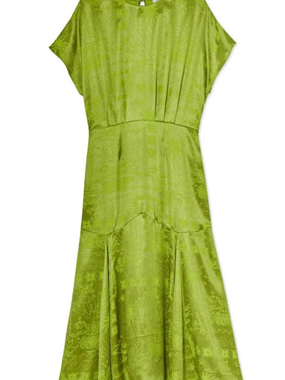 Lime Green Satin Print Elegant Dress
