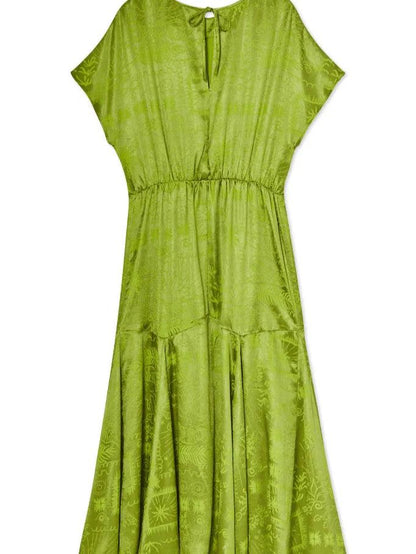 Lime Green Satin Print Elegant Dress