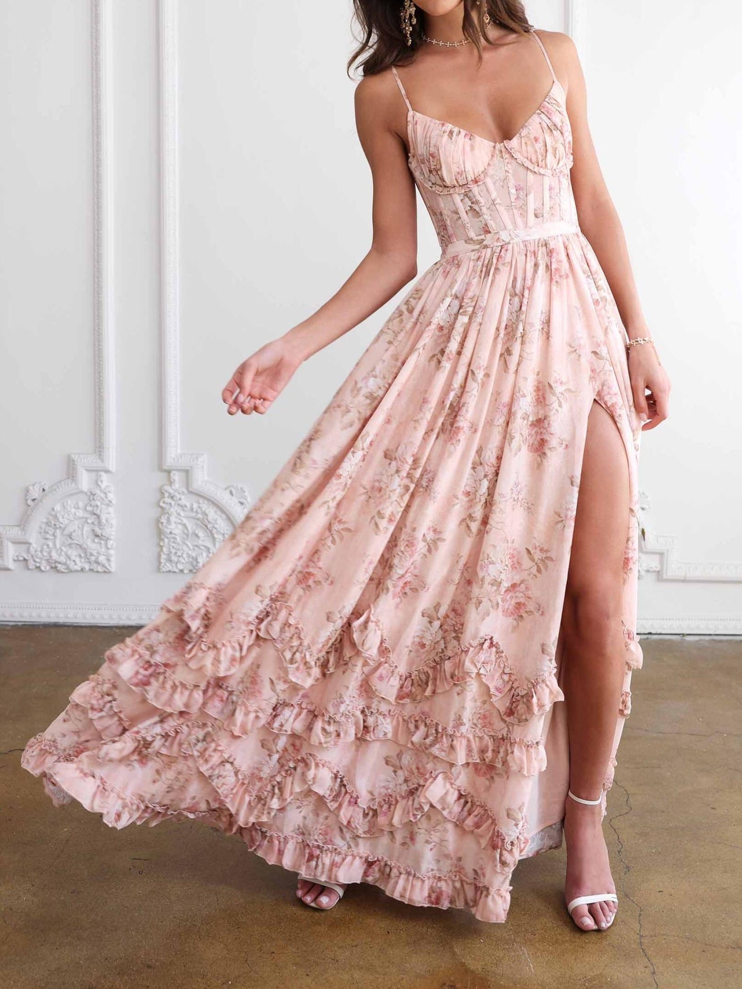 Floral Frill Split Maxi Dress