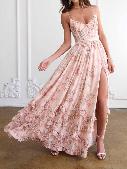 Floral Frill Split Maxi Dress