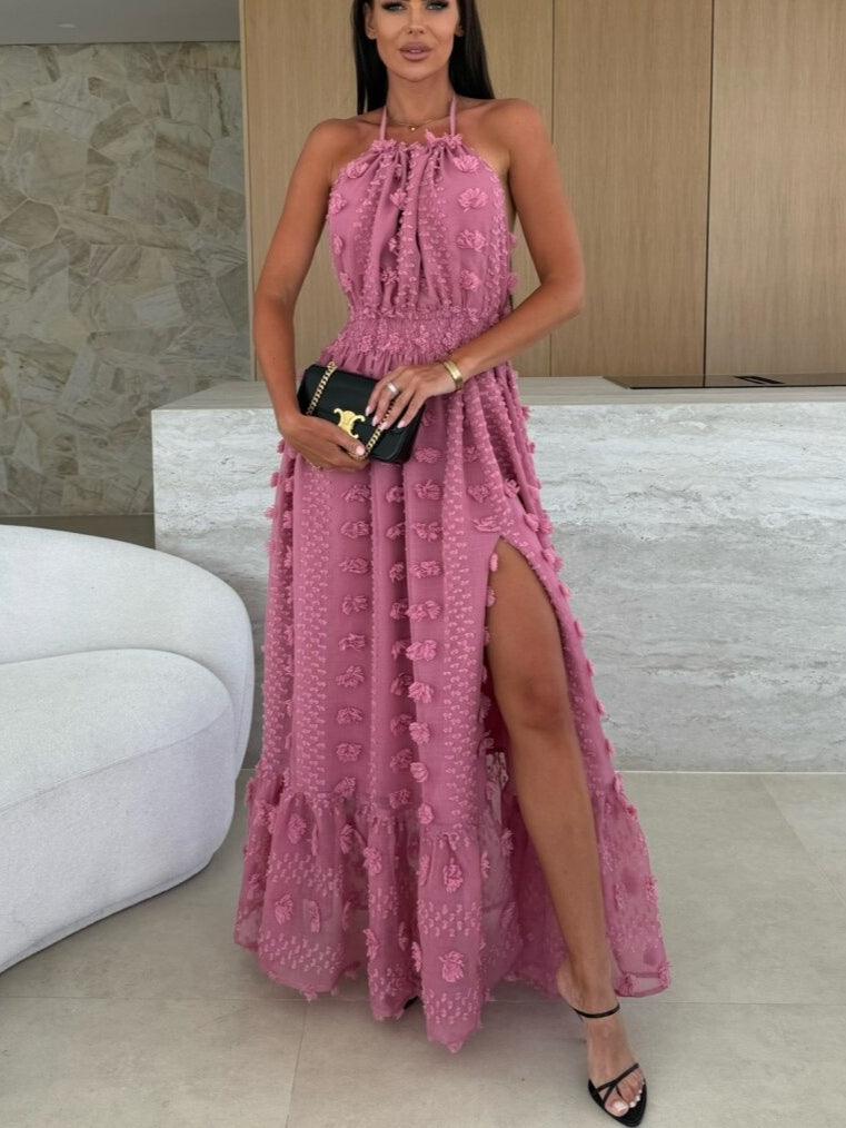Textured fabric halterneck backless long dress