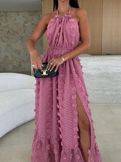 Textured fabric halterneck backless long dress