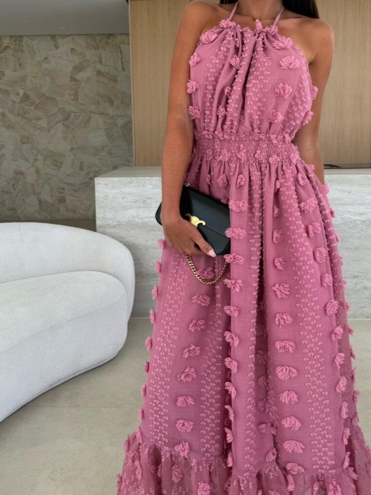 Textured fabric halterneck backless long dress