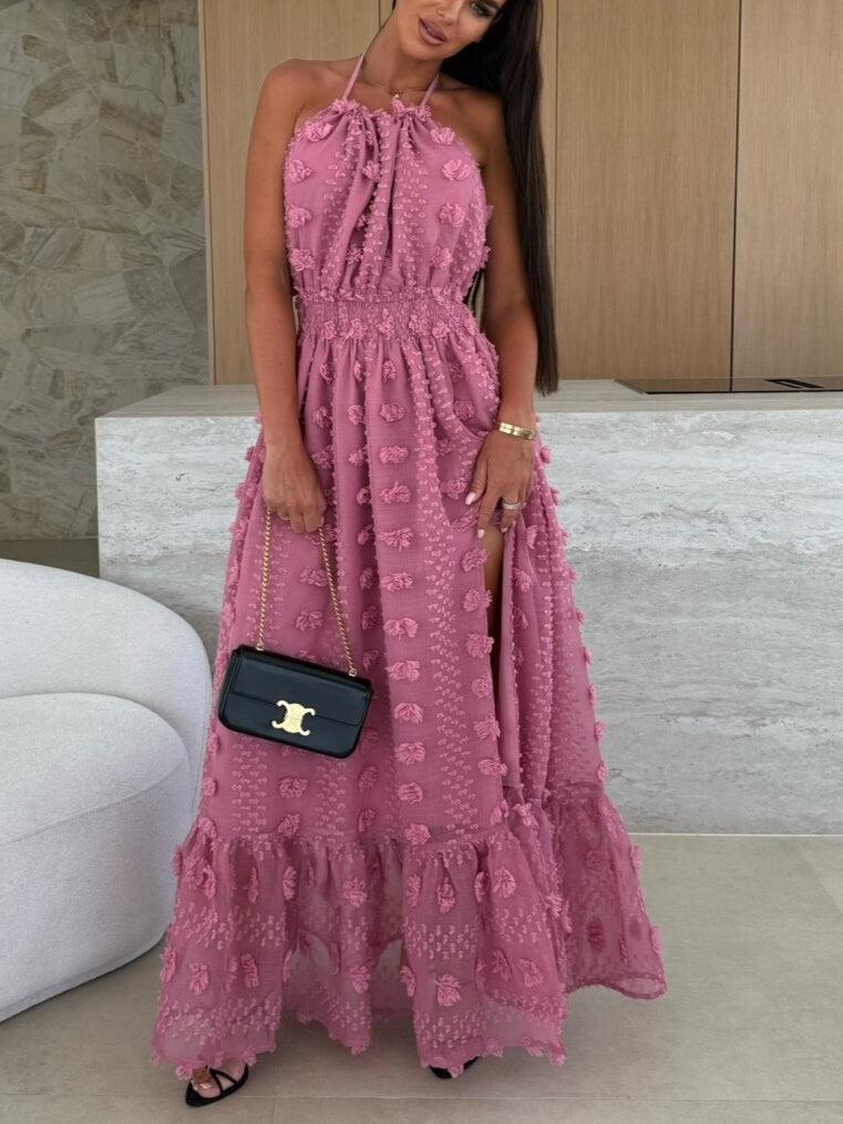 Textured fabric halterneck backless long dress