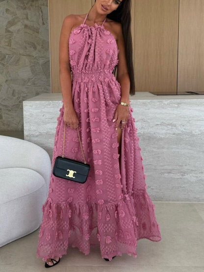Textured fabric halterneck backless long dress