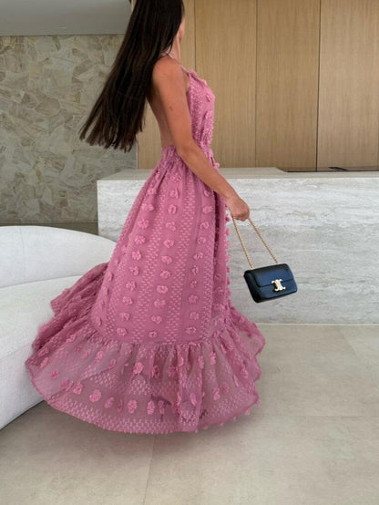 Textured fabric halterneck backless long dress