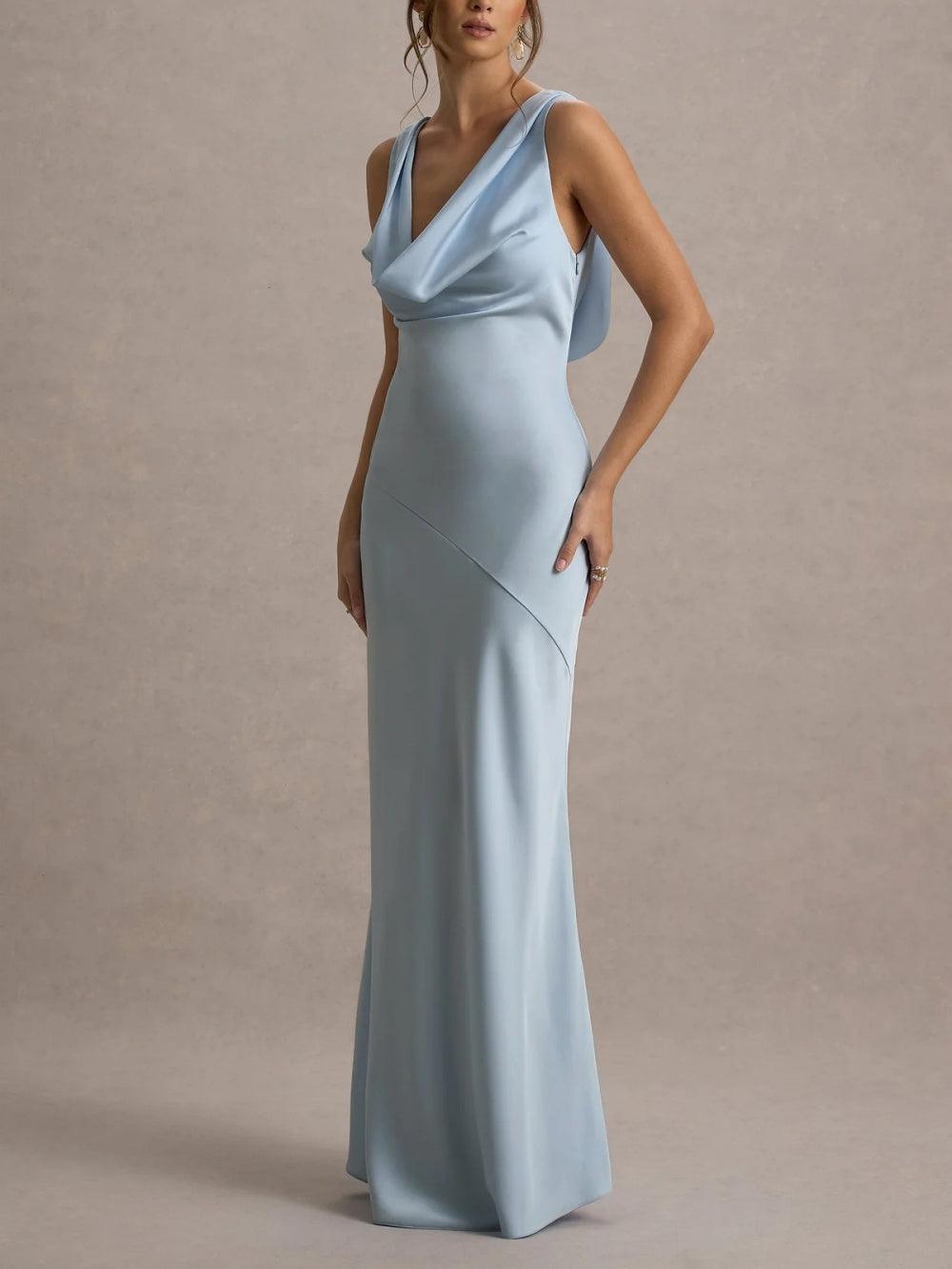 Blue satin high collar maxi dress