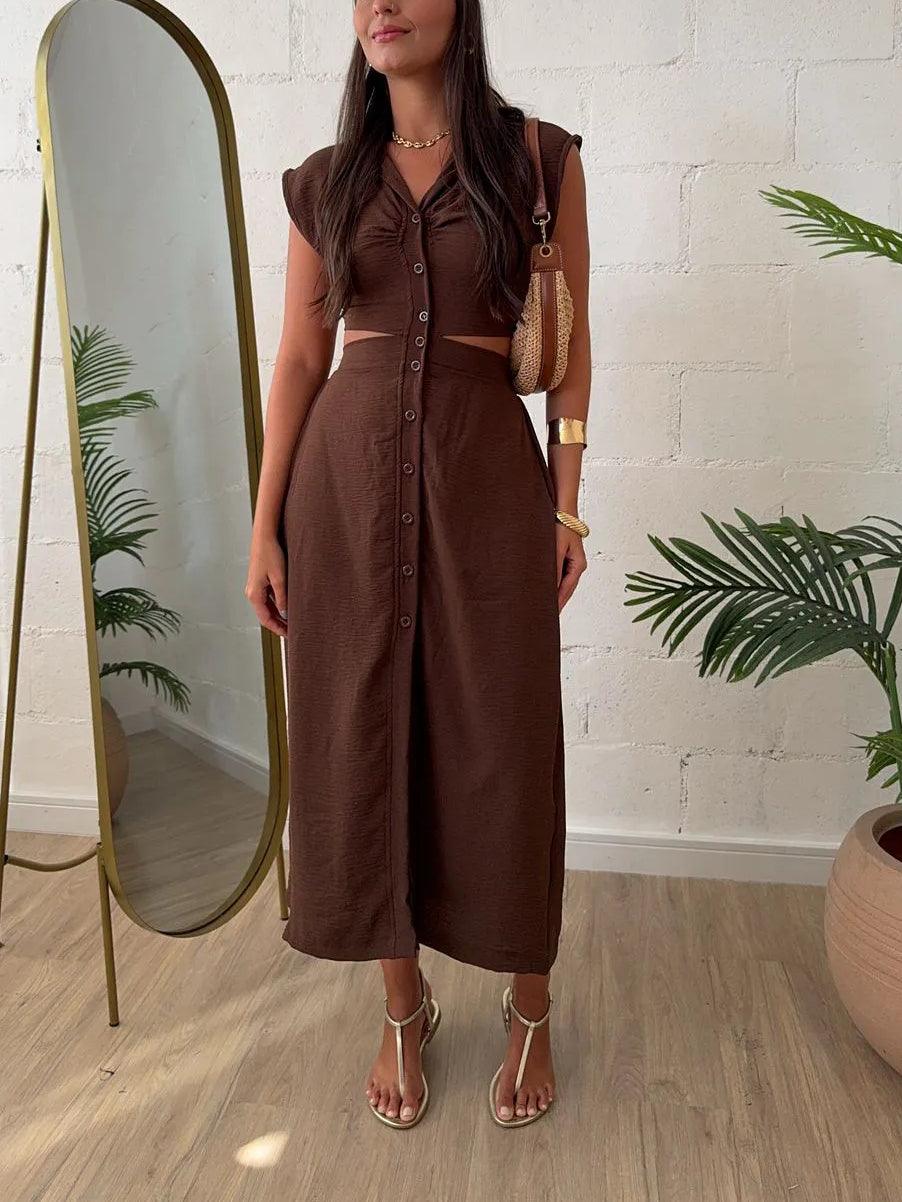 Shirt Breasted Back Cutout Casual Maxi Dress