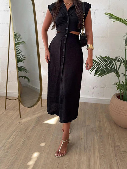 Shirt Breasted Back Cutout Casual Maxi Dress
