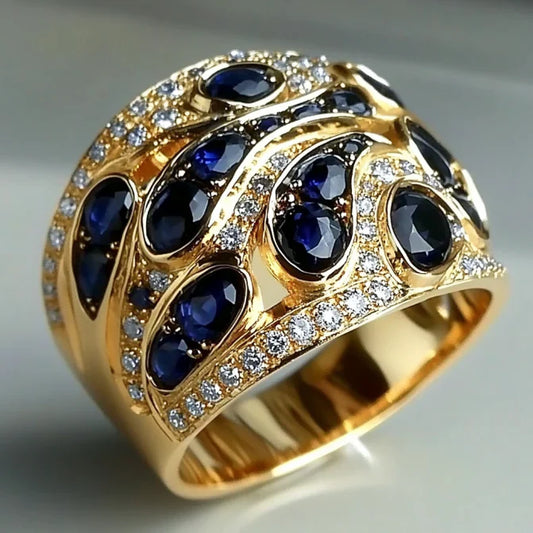 Vintage Inlaid Blue Drop Crystal Gold Ring