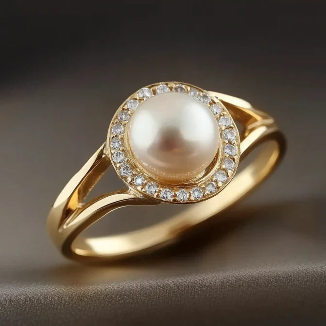 Vintage Pearl Rounded Zirconia Gold Ring