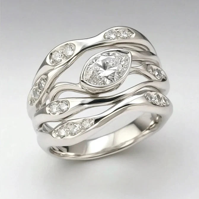 Vintage Layered Wavy Zirconia Silver Ring