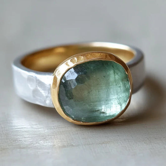 Vintage Green Glass Gold & Silver Forged Ring