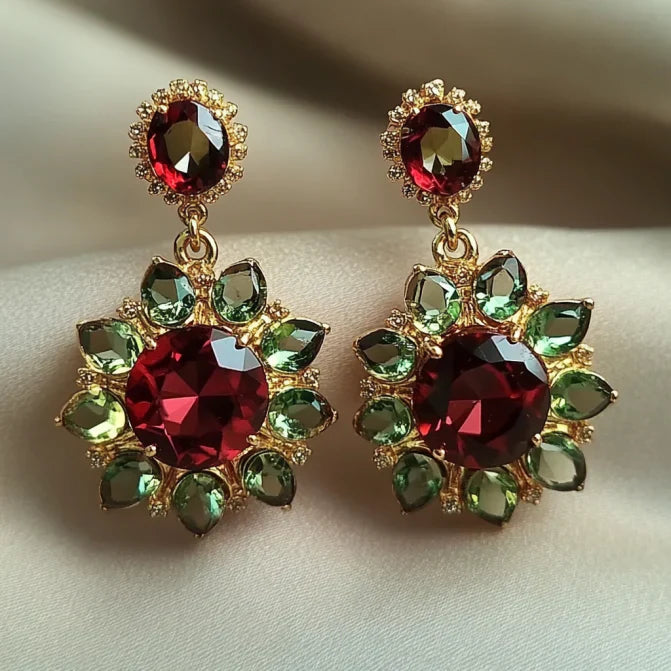 Vintage Bright Red & Green Flower Earrings